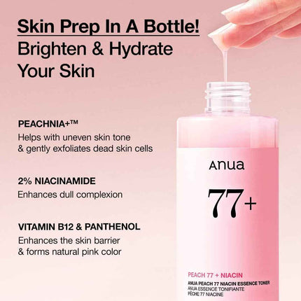 Tónico de esencia de melocotón Anua Peach 77 aplicación sobre el rostro con las manos.