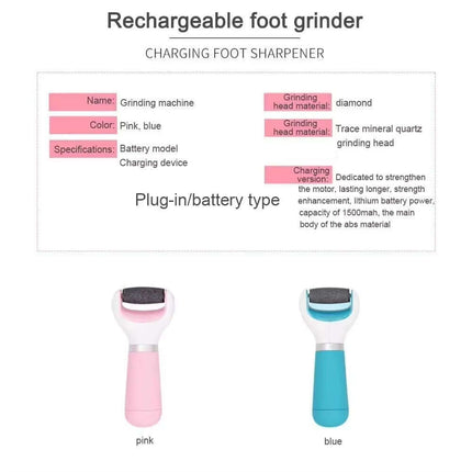 Exfoliador Eléctrico de Pies ficha técnica con colores y batería recargable