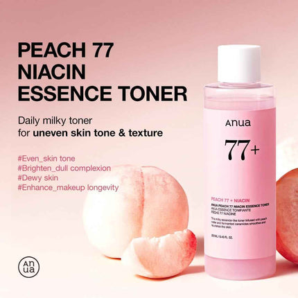 Tónico de esencia de melocotón Anua Peach 77 textura de esencia sobre una superficie.