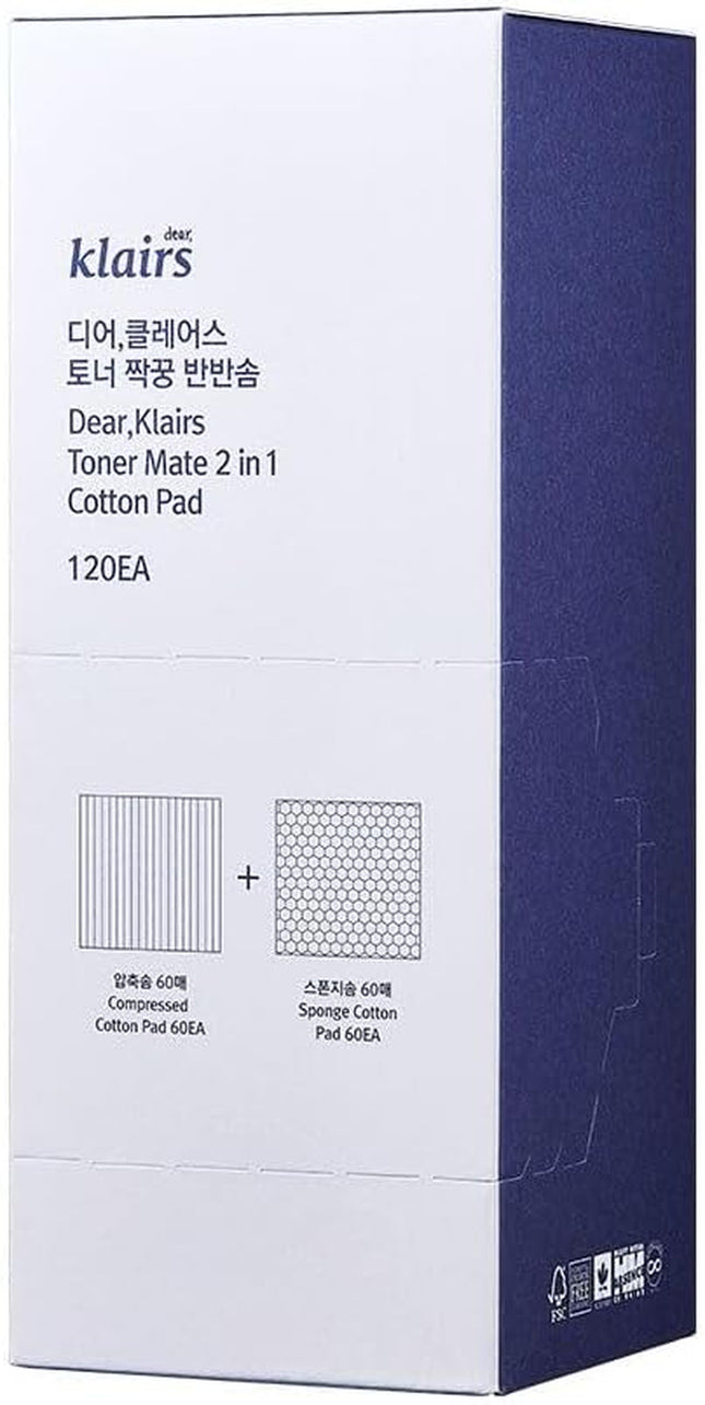 Klairs Toner Mate 2 in 1 Cotton Pad envase frontal de la caja