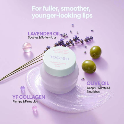 Lip Sleeping Mask Vegano Purple Collagen de TOCOBO con aceite de oliva y lavanda