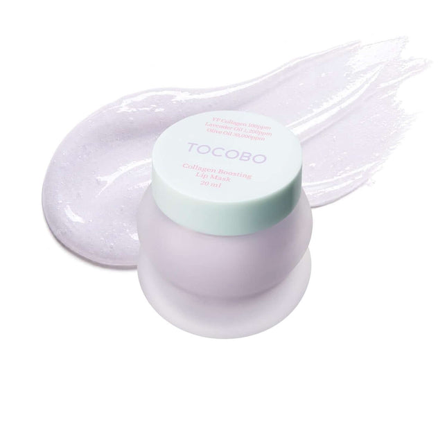 Lip Sleeping Mask Vegano Purple Collagen de TOCOBO tarro de 20 ml y textura brillante