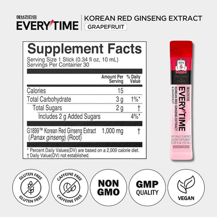 Everytime Red Ginseng & Grapefruit Sticks tabla nutricional por stick individual