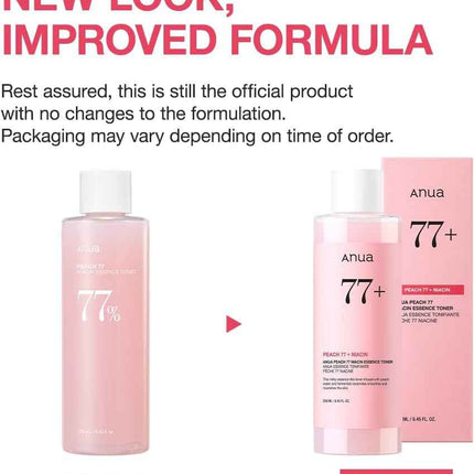 Tónico de esencia de melocotón Anua Peach 77 botella completa con líquido rosado.