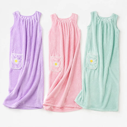 Women Wearable Bath Wrap Towel Absorbent Polyester Long Washable Bathroom Bathrobe