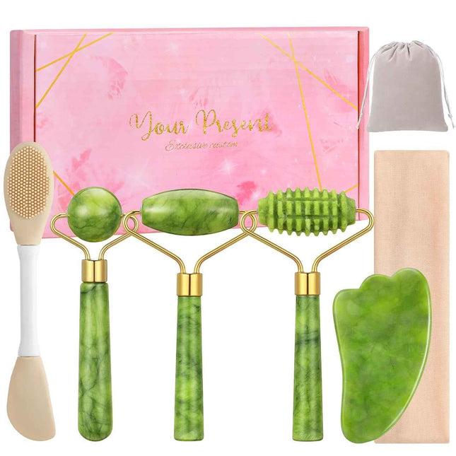 Set Gua Sha de Jade piedra y rodillos completos