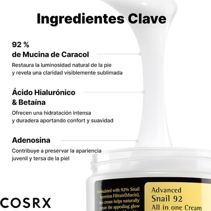 COSRX Advanced Snail 92 All in One Cream, 100G, anti Manchas Y Antiarrugas, Crema Hidratante De Dia Y Noche