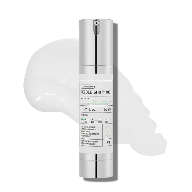 Ampolla CICA Reedle Shot 100 de VT Cosmetics envase de 50 ml y textura